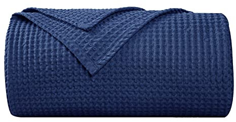 PHF Überwurfdecke aus 100 % Baumwolle, Waffelmuster, 130x150 cm, weiche, atmungsaktive Decke für Erwachsene und Kinder, perfekte Decke für Couch, Bett, Sofa, Einzel-/Reisegröße, Marineblau