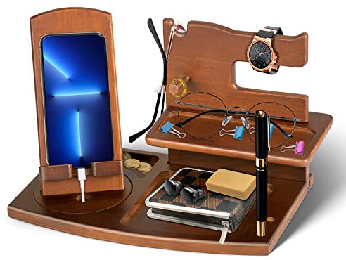 Cadeau Homme Noel Multifonction Organiseur de Bureau en Bois Support de Telephone Bureau Fete des Peres Cadeau pour Papa Organiseur de Table Cadeau Anniversaire Homme Idee Cadeau Saint Valentin Homme