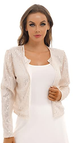 Runhomal Damen Pailletten Cardigan Jacke Langarmjacke Glitzer Strickjacke Bolero Abendjacke Bluse Eleganter Blazer Kurz Oberteile für Cocktail Clubwear Champagne L