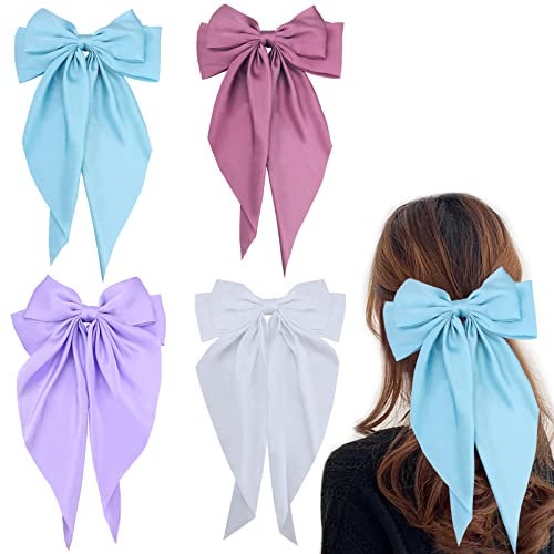 Bekecidi 4er-Pack Haarspangen mit großer Schleife, einfarbige Haarnadel mit Schleife, französische Haarspange mit langem, seidigem Satin, für Erwachsene, Teenager, Frauen, Haarschmuck
