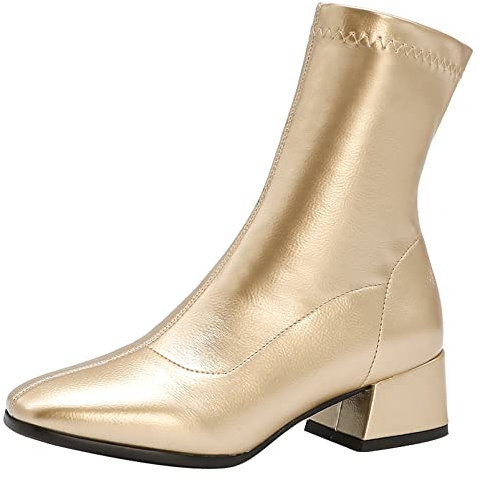 Diuniarza Stivaletti da Donna con Tacco Largo, Stivali Elasticoizzati Moda Senza Chiusura Stivali Corti Tacco Medio Square Toe, 822Elc Oro Numero 38 EU