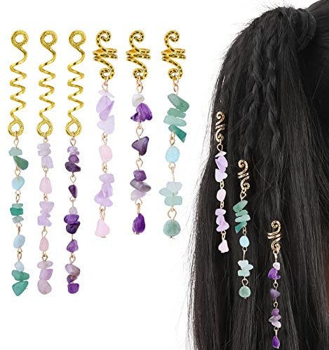 6 Stück Geflecht Schmuck Anhänger Haarschmuck Farbiger Naturstein Haarschmuck Dreadlock Zubehör Haar Charms Anhänger Haar Charms für Frauen Mädchen