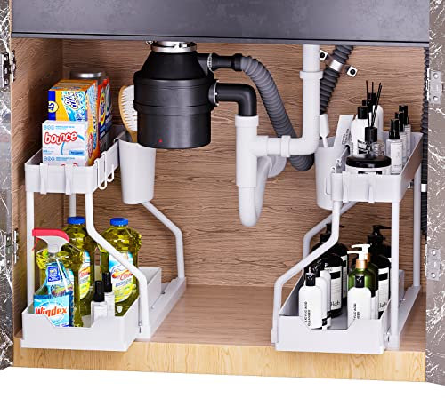 Puricon 2 Pack Under Sink organizer Pull Out Under Sink Organizers and Storage, 2-Tier Multi-Use Bathroom Shelf with Sliding Drawer Kitchen Organizer Under Cabinet -White