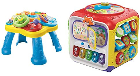Vtech Baby Abenteuer Spieltisch Bunter Babyspieltisch mit 6 Spielfeldern und interaktiven Elementen & VTech Baby Entdeckerwürfel – Interaktiver Spielwürfel mit Musik, Formen und beweglichen Elementen