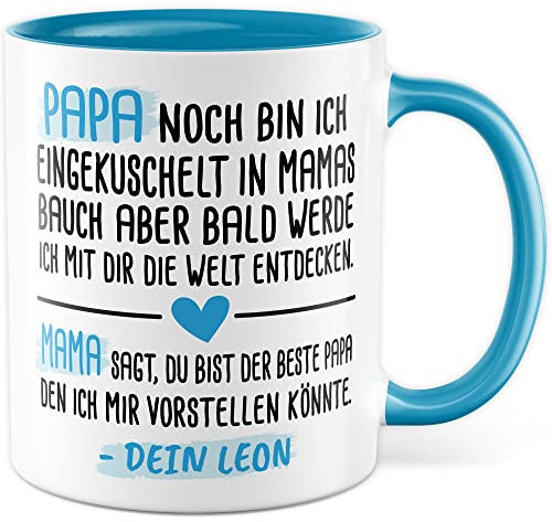 Tasse Papa personalisiert - werdender Vater Geschenk - Papa jetzt bin Ich eingekuschelt in deinem Bauch - Geschenk-Idee Schwangerschaft, schöner Spruch Geschenkidee Papa eigener Name Kaffeetasse