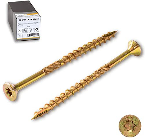 STRÜBER Holzschrauben mit Torx-Antrieb (5,0 x 60 mm / 200 Stück) Holzbauschrauben mit TX-Buchse - Spanplattenschrauben Gelb verzinkt - Senkkopfschrauben für Dachkonstruktionen - Universalschrauben