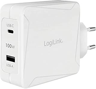 LogiLink GaN (Galliumnitrid) USB Steckdosenadapter, 1x USB-C mit PD (PowerDelivery) & 1x USB-A, Überstrom-, Überspannungs-, Kurzschluss- Überhitzungsschutz