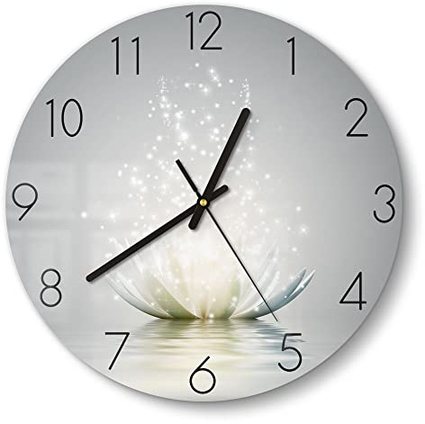 DEQORI Glasuhr | rund Ø 30 cm | Motiv Funkelnde Lotusblüte | ausgefallene leise Design Uhr aus Glas | Wanduhr für Wohnzimmer & Küche | moderne Hingucker Uhr für die Wand
