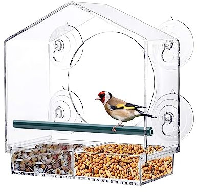 SANON Vogelfutterstation für Fenster, Transparent Vogelhaus Fensterscheibe, Vogelhaus Fenster mit 4 starken Saugnäpfen und Ablauflöchern
