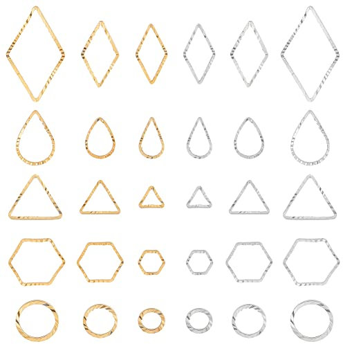 BENECREAT 120Pcs 30Styles Real 24K Gold Silver Plated Linking Ring, Rundes Tropfen-Rhombus-Dreieck-Sechseck-Geometrisches Messing Mit Offener Lünette Für Halsketten, Schmuck