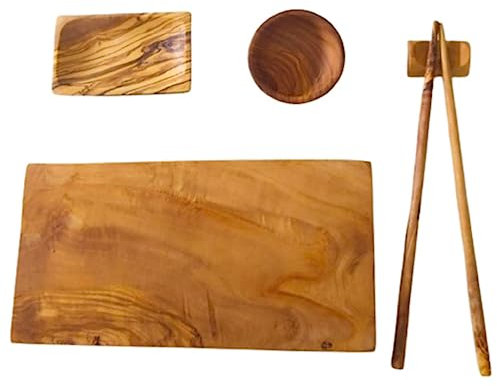 USAHA Juego de Plato de Sushi Japonés - 25x16x2.5 aprox. Tabla de Madera olivo tunecino - Set Vajilla con Cuenco regalo comer naguiri, juego de 6 piezas.