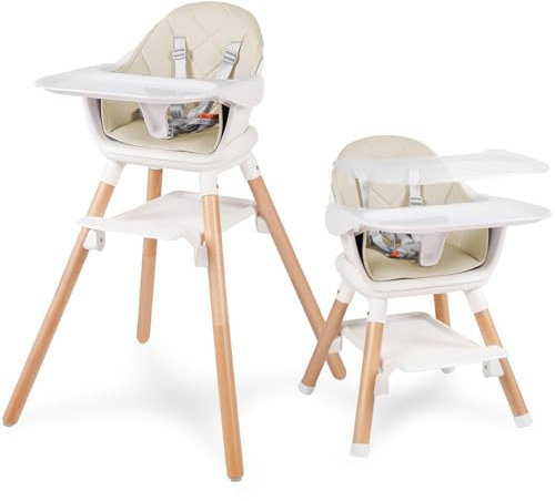 RICUTON Baby Hochstuhl, umwandelbarer Hochstuhl aus Holz für Babys und Kleinkinder, Baby Hochstuhl mit spülmaschinenfestem, doppelt abnehmbarem Tablett, verstellbarer Fußstütze & maschinenwaschbarem