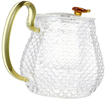 BESTonZON Flower Tea Pot Lid Heat Resistant Borosilicate Glass Teapot 600ml Fish Scale Pattern Hot Cold Water Jug Unique Handle Tea Holder