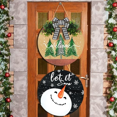 Boao 2 piezas de decoración de otoño de Navidad rústica colgador de puerta de madera decoración de puerta delantera, letrero de Feliz Navidad, copo de nieve de madera, decoración de puerta de muñeco
