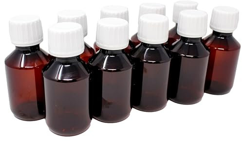 Aromhuset 10 x Braune 100 ml Laborflaschen aus PET mit weißem Schraubverschluss | Liquid Flasche | pet-flasche| Kunststoffflasche braun, für Kosmetik, Lebensmittel und Flüssigkeiten, 10er Pack