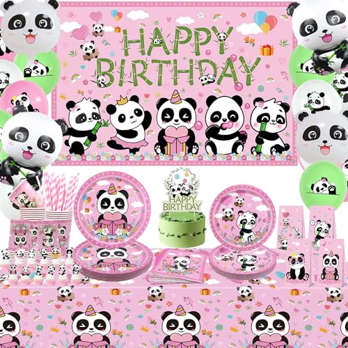 Obussgar Panda-Geburtstagsparty-Dekorationsset - Hintergrund, Teller, Tassen, Tischdecken, Luftballons - für 20 Personen (C)