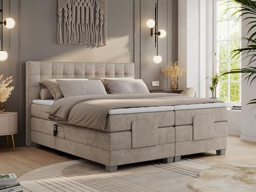 MKS MEBLE Boxspringbett 180x200 elektrisch verstellbar 7-Zonen Taschenfederkern Matratze inkl Visco Topper Bett 180x200 mit Motor Polsterbett Motorbett - Elektro - Beige Struktur - H3