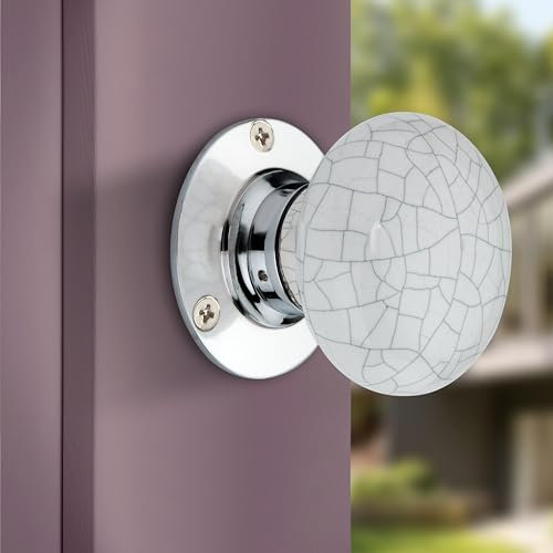 Knobs N Knockers Ceramic Mortise Knob with Chrome Base, Spring Loaded, Bedroom Bathroom Kitchen Handles (Pair) (Crackle White Ceramic Mortise Knob Set)