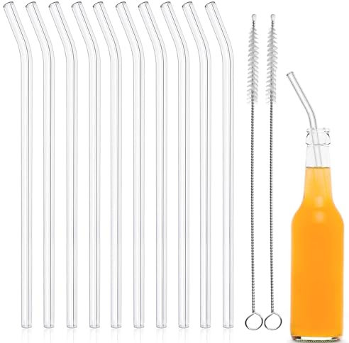 Glas Strohhalme, 10 Stück 20 cm Glas Trinkhalme, Gebogen Cocktail Strohhalme Glasstrohhalme, Glasstrohhalme Wiederverwendbar, mit 2 Reinigungsbürsten, für Whiskey, Kaffee, Soda, Wasser