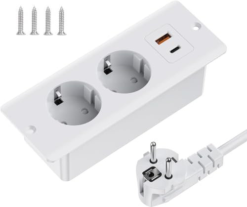 Einbausteckdose mit USB, 2 Fach Tischsteckdose mit USB A und Type-C, 4 n 1 Tischplatte Versenkte Dreifachsteckdose mit 2M Verlängerungskabe,Einbau Steckdosenleiste für Büro, zu Hause (Weiß)