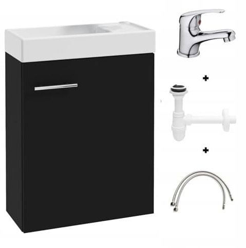 .Deftrans Lavabo per gli ospiti con mobiletto 50 x 70 x 23 cm, per gli ospiti, lavabo per gli ospiti, piccolo set – Mobile lavabo nero con sifone e rubinetto per lavabo