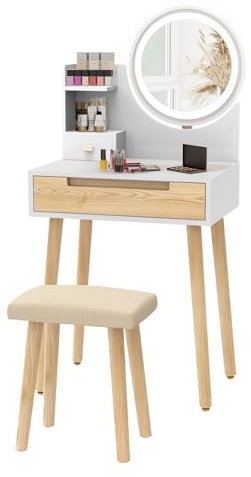ARTETHYS Dressing Table with LED Lights, Vanity Table with 3 Adjustable Colour Mirror, 2 Storage Shelves and Drawer, Soft Cushioned Dressing Table Stool, Modern Make Up Vanity