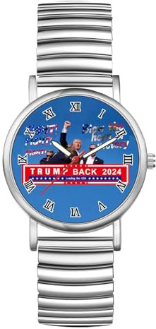 JewelryWe Trump-Attentat Uhr Elastische Armbanduhr: Trump Fighting 2024 Shooting Trump Back Fist Raised Analog Quarz Armbanduhr Herren Damen Silber Edelstahl Zugband römische Zahlen Uhr