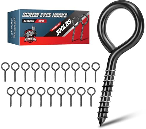 XIEKRAB 3.3 inch Eye Bolts - 20 Pcs Eyes Hooks Screw Heavy Duty 300 lbs Breaking Strength Black Rust-Resistant, Self Tapping Eyelet Screw for Wood Securing, Hammock Stand, Indoor & Outdoor Use