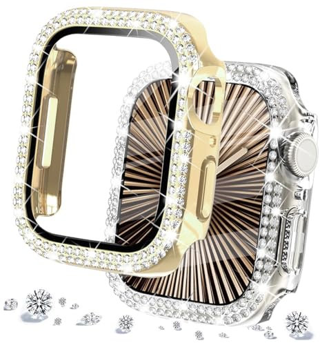 DEALELE [2-Pack Gehäuse Gehärtetem Glas Kompatibel mit Apple Watch Series 10 (42mm), Glitzer Zweireihig Diamant Schutzhülle mit Gehärtetem Glas Displayschutz (42mm, Gold+Transparent)