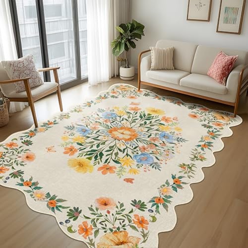 GthreeD Teppich Wohnzimmer Waschbarer 140x200 cm - Boho Kurzflor Teppich Schlafzimmer - Orientalischer Vintage Teppiche Weich rutschfest Design für Schlafzimmer,Esszimmer,Gewellter Rand Blumen-Beige