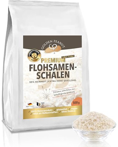 GOLDEN PEANUT Cáscaras de semillas de psyllium, 2 x 500 g, 99% de pureza, India, producto natural, número máximo de fuentes, ricas en fibra, vegano