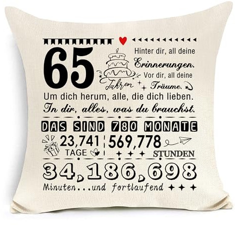 Kissenbezug zum 65. Geburtstag Geburtstagsgeschenk inspirierendes Geschenk | warm inspirierender Textdekor, ideales Erinnerungsgeschenk, individuelles Geburtstagsmuster, Standardgröße 45 x 45 cm