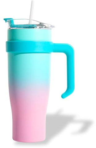 Mug Isotherme avec Paille et Poignée Ergonomique | Gourde XXL bicolore rose/bleu en Inox pour conserver vos boissons au chaud ou au frais | Idéal pour le Bureau ou le Sport