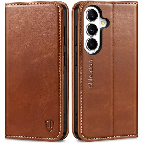 SHIELDON Echtleder Hülle für Galaxy S26 6,3 5G 2026, Retro Braun | Kartenfach, Ständer, Magnetverschluss, RFID Blocker, Stoßfeste TPU Case, Lederhülle, Handyhülle, Schutzhülle