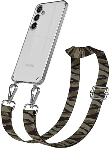 EAZY CASE Handykette - Verstellbares Taschenband kompatibel mit Galaxy S24 Plus, Schulterriemen, Handykordel mit Silikon Hülle, Umhängetasche, Grün Camouflage Silber