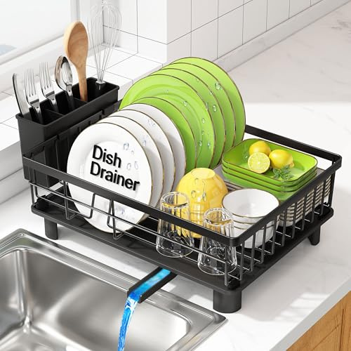 romision Dish Drainer Rack with Drip Tray and Drainage Spout, Black | Extra-Wide Drainage Outlet, Plate, Bowl And Cutlery Zones, Rust-Resistant Finish, Removable Parts for Quick, Easier Cleaning