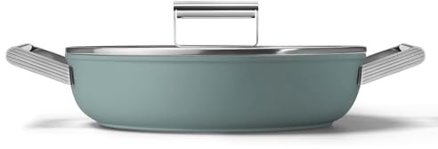 Smeg 50's Style DPF2812EGM Poêle profonde anti-adhésive compatible avec toutes les plaques de cuisson, passe au four, couvercle en verre trempé, fabriquée en Italie, 28 cm, vert émeraude mat