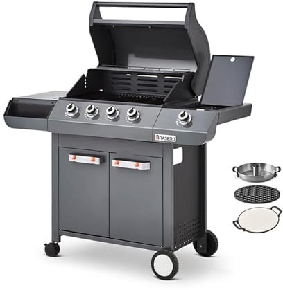 BRASERO BY FAVEX -Barbecue gaz Emma 4 + 1 Side Gun Metal – 4 brûleurs + latéral – 15,1 kW – Grille fonte 64 x 41,5 cm – FLEXIGRILL – 12 convives