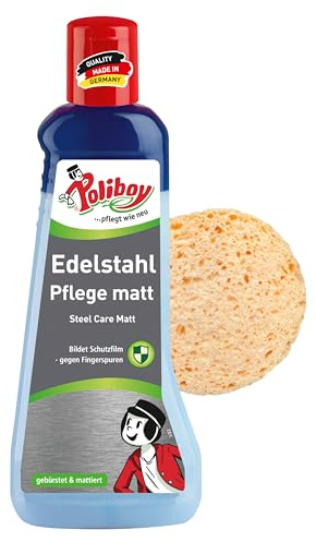 POLIBOY Edelstahlpflege matt - Edelstahlreiniger zum Reinigen von mattierten und gebürsteten Edelstahlflächen - Poliert sanft und sorgt für matten Glanz - 1x 200 ml - Mit Schwamm