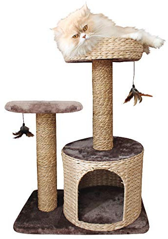 tiragraffi per gatti NATURAL LARIX, realizzato in materiali naturali + soffice pelouche, perfetto in ogni ambiente grazie alla sua eleganza e al suo design, dotato di livelli, cuccia, casetta