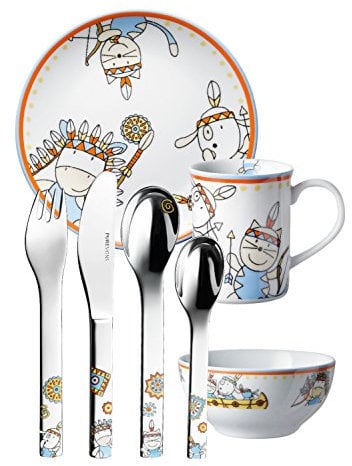 Puresigns One Moema - Vajilla infantil (7 piezas, porcelana, acero inoxidable pulido), color plateado