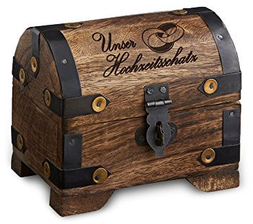 Casa Vivente Schatztruhe aus dunklem Holz mit Gravur, Unser Hochzeitsschatz, Motiv Ringe, Aufbewahrungsbox, Hochzeitsgeschenk