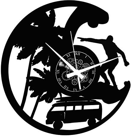 Instant Karma Clocks | Wanduhr Surfer aus Musik-Schallplatte – Geschenkidee für Beach- und Surf-Liebhaber | Geräuschlosem Quarzwerk