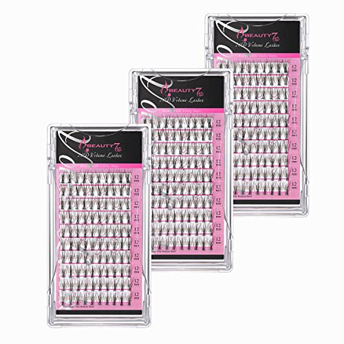 Beauty7 3 Packungen Wimpernbüschel Volume Lashes 20D Einzelwimpern C-Curl natürlich, Knot Free Wimpernverlängerung 0.05mm Stärke 100 Büschel - Länge 12mm