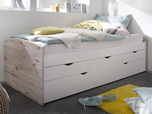 möbelando Bett Einzelbett Jugendbett Futonbett Bettgestell Tandemliege Georgina I Sandeiche/Weiß