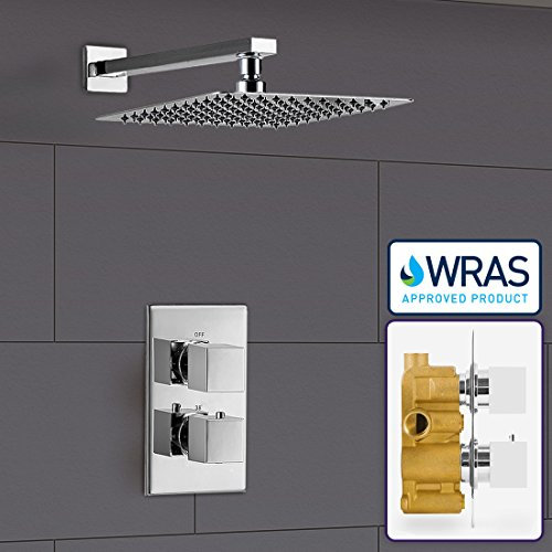 Nes Home | Lily Square Thermostatic Concealed Mixer Brass Valve 2 Dial 1 Outlet + 200mm Thin Shower Head + Arm