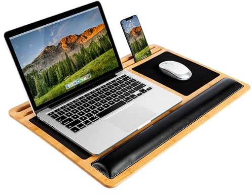 LAPGEAR Bamboo Pro Knietafel mit Handgelenkauflage, Mauspad und Handyhalterung, naturfarben, passend für Laptops bis zu 43,8 cm (17,3 Zoll) und die meisten Tablets, Stil-Nr. 77101