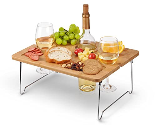 Tirrinia Portable Wine Picnic Table, Ideal Wine Gift for Women Men, Small Folding Outdoor Picnic & Cheese Tray with 2 Wine Glasses Holder for Camping, Park, Beach, Garden, Concerts