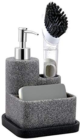 zccz Dispensador de Jabón Cocina con Portaestropajos, Dosificador Jabón Cocina, Guarda Estropajos Fregadero con Soporte para Cepillos, Organizador 3 en 1 para Fregadero, Negro