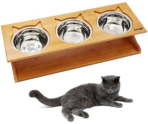 Petsoigné Haute Gamelle pour Chat et Chiot Bol Incliné pour Chat et Chien avec Support en Bois (3 Bols, Acier Inoxydable)
